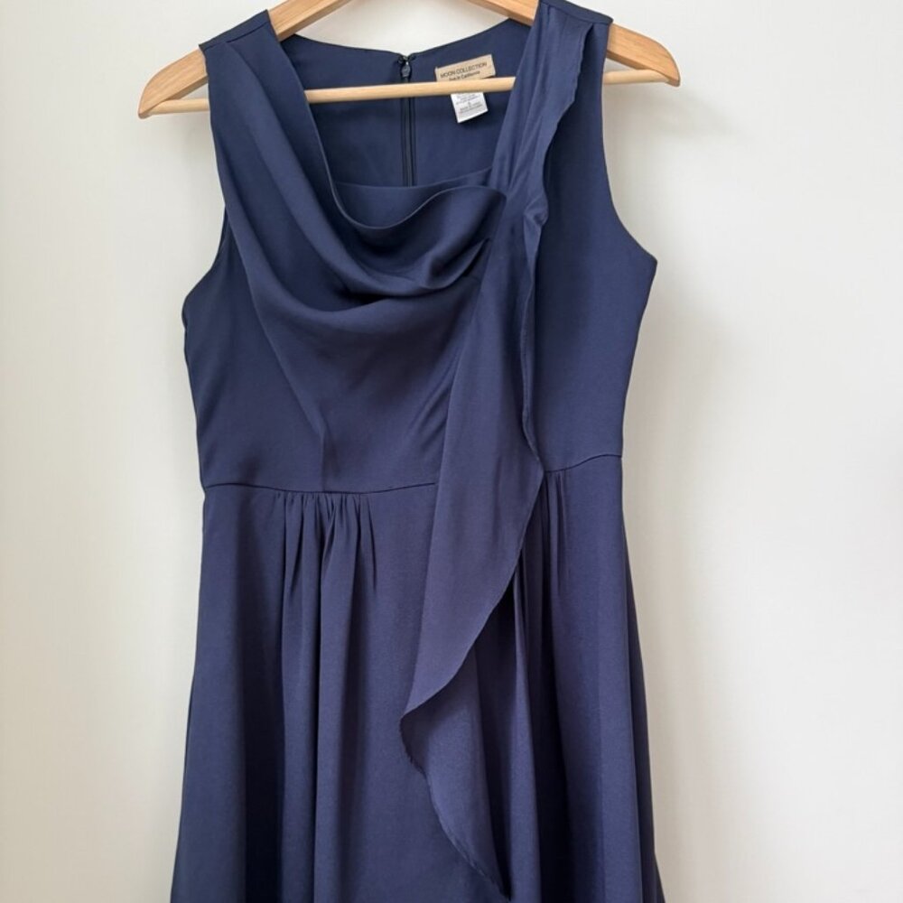 Moon Collection Navy Chiffon Dress w/ Draped Cowl Neck & Waterfall Ruffle